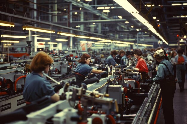 Photo women working on assembly line in industrial factory