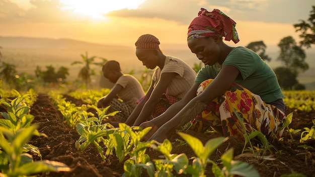 women working in a field with sun shining on them