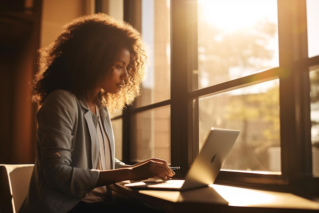 a women working in the laptop near window in the office