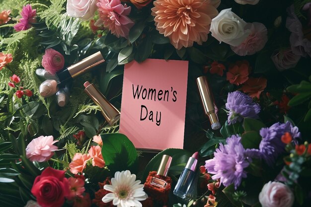 Women39s Day Text Sign with a Bouquet of Flowers and Cosmetics Women Day