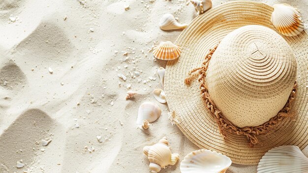 Womens beach hat on the sand with shells