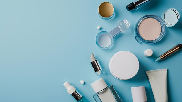 Photo womens cosmetic products placed on a blue background