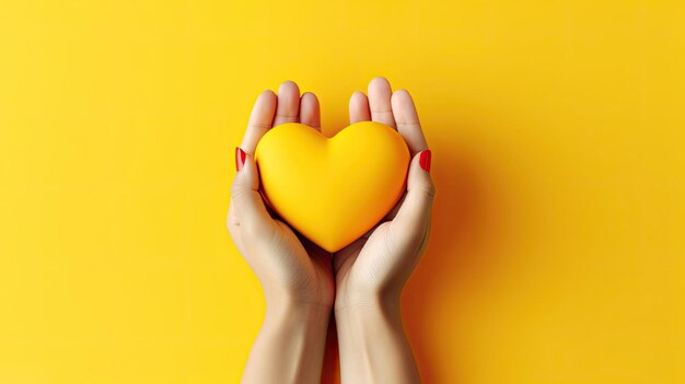 Womens Day Adult Female Holding Yellow Hearts by Hand Top View Studio Shot on Yellow Background