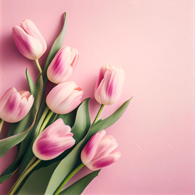 Womens day banner rose tulips on pink background Space for your own content blank World Womens Day