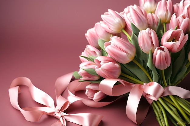 Womens Day concept left side pink ribbon bow and bouquet of tulips