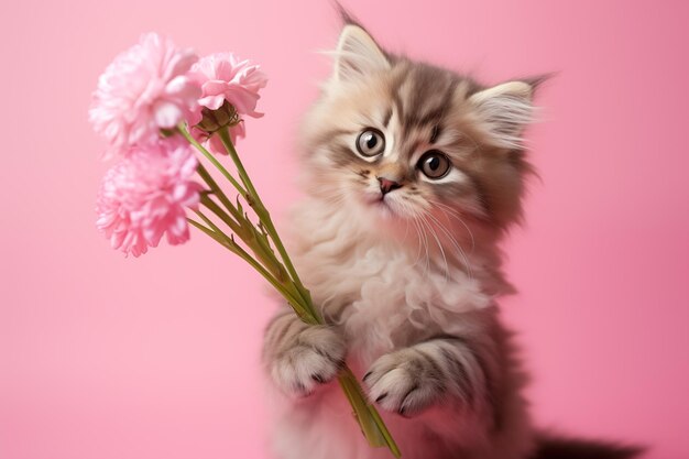 Photo womens day concept valentines day mothers day kitten giving tulips copy space