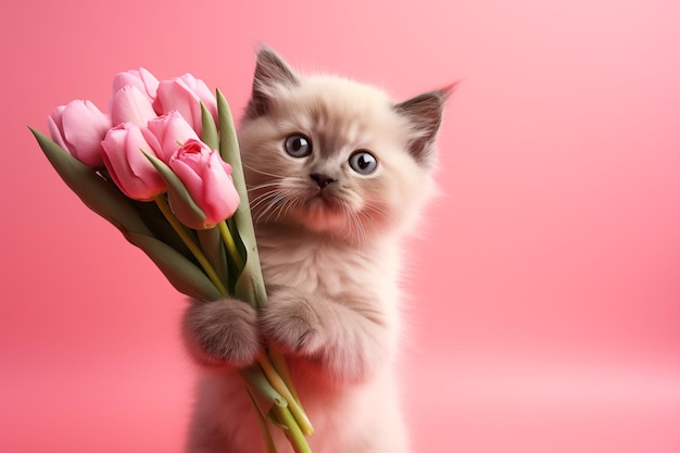 Womens day concept Valentines day mothers day kitten giving tulips on pink background