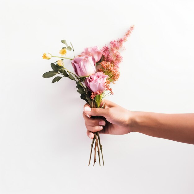 Womens day concept with two hands holding flowers on white background