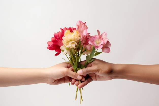 白い背景に花を握る2つの手の女性の日コンセプト