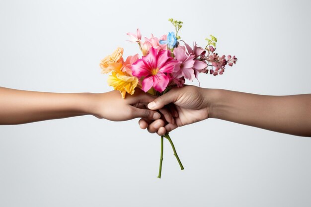 Womens day concept with two hands holding flowers on white background