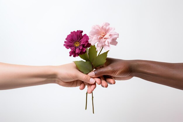 Womens day concept with two hands holding flowers on white background