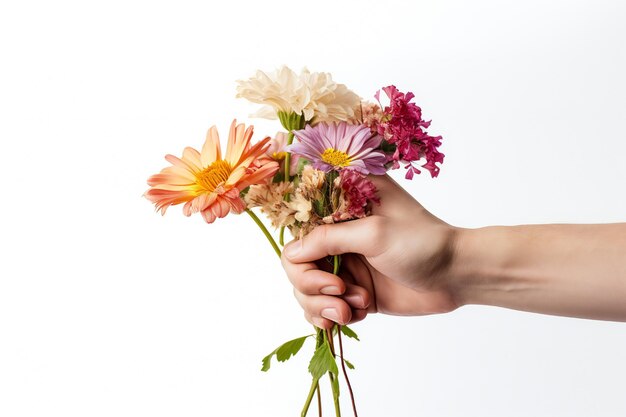 Womens day concept with two hands holding flowers on white background