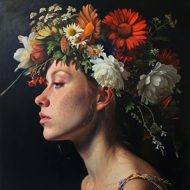 Foto una forma di ritratto femminile del giorno della donna con fiori nei capelli