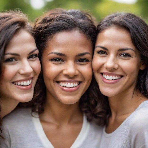 Foto giorno della donna un gruppo di giovani donne in piedi sorridendo l'una accanto all'altra