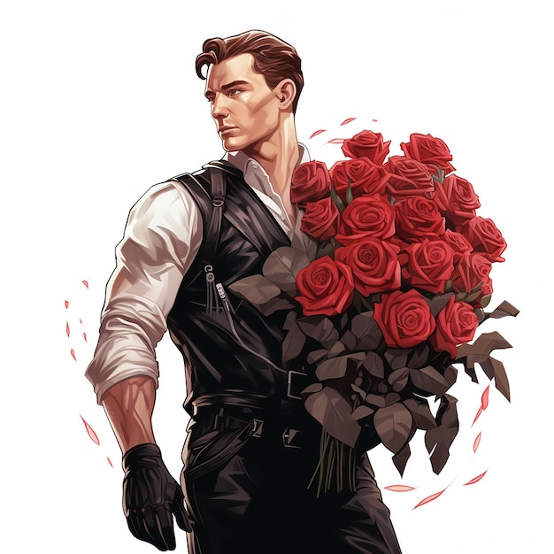 Womens Day a handsome brutal man with large bouquet of roses in his hands illustration on white background