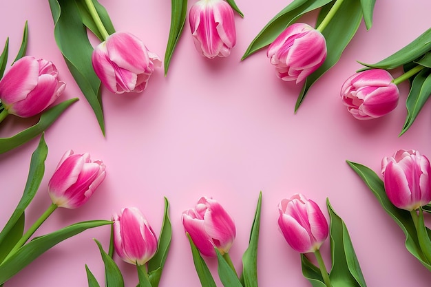 День женщины День матери сверху свет розовый твердый фон рамка из розовых тюльпанов цветов студийный свет