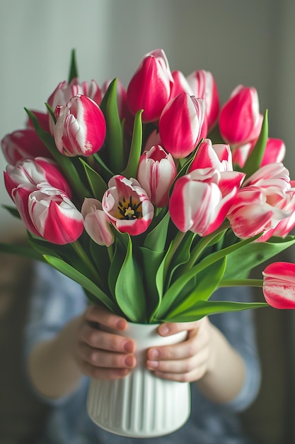 女性の日 マザーデイの花瓶にピンクと白のチューリップがめ込まれています