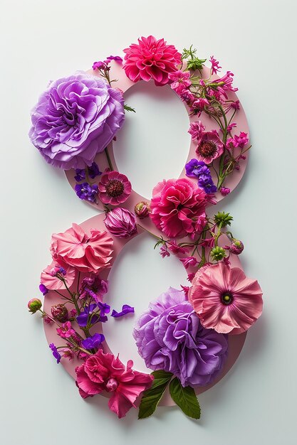 Foto giorno femminile numero 8 con pioni rosa e viola su sfondo bianco