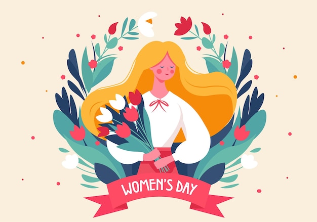 womens day postcard concept in flat cartoon design a cute girl with a beautiful bouquet of flowers