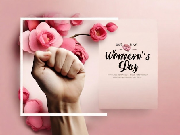 Womens day sign decoration with hand rise fist social media post template