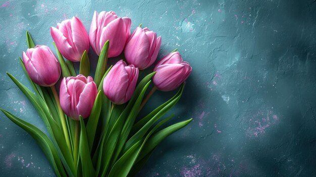 womens day spring background top view red tulips on a background of blue concrete free space
