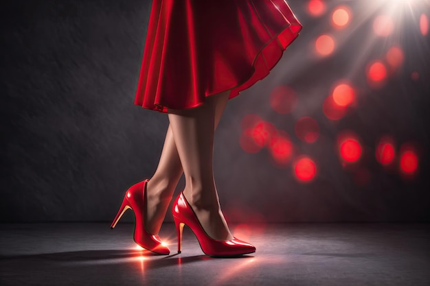 womens feet in red highheeled shoes on a gray background ai generative