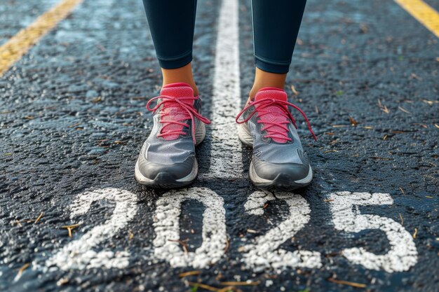 Foto i piedi delle donne con le scarpe da ginnastica stanno sull'asfalto con l'iscrizione 2025 l'atleta è alla linea di partenza