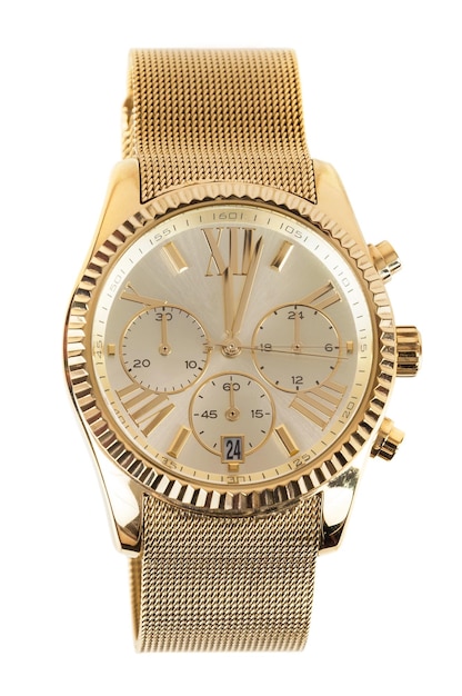 Womens gold watch on white background