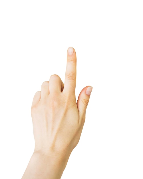 Womens hand points or clicks on a white isolated background