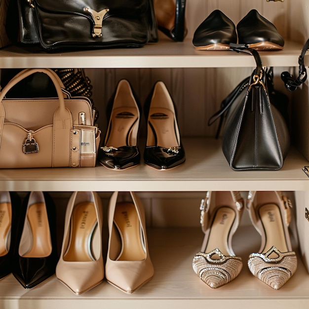 womens handbags and shoes in the wardrobe