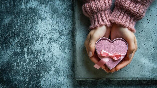 Foto le mani delle donne tengono un regalo in una scatola a forma di cuore con un nastro rosa vista dall'alto sfondio grunge ai generativa