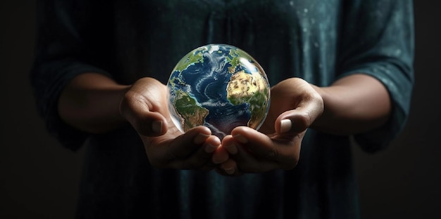 Womens hands hold the globe in a small form image for earth day