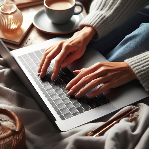 Womens hands on a laptop keyboard High quality photo