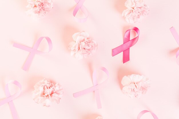 写真 木の板にピンクのリボンで女性の健康のシンボル。