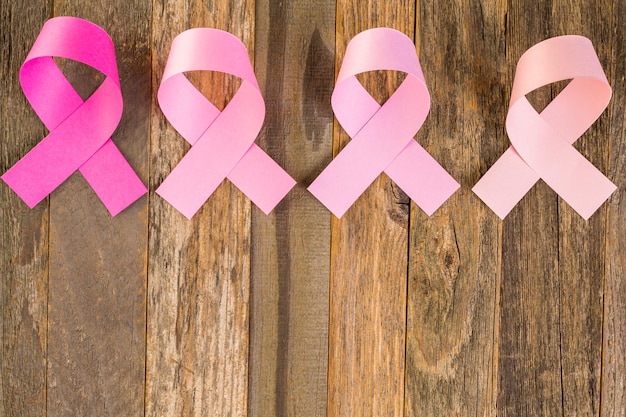 木の板にピンクのリボンで女性の健康のシンボル。