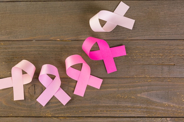 Womens health symbol in pink ribbon on wooden board.