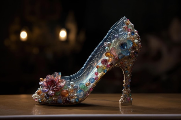 Womens high heeled slipper Cinderellas slipper made crystal glass and diamonds Generative AI