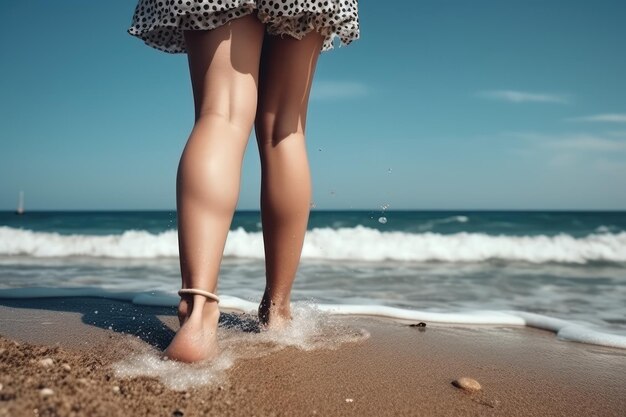 Womens legs on the beach near the sea Travel concept AI generated
