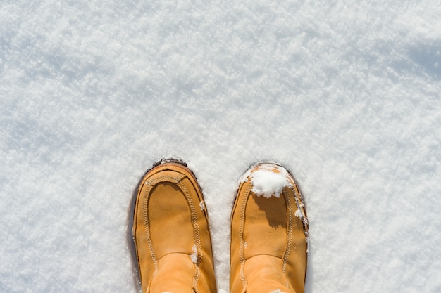 雪の中でブーツの女性の足