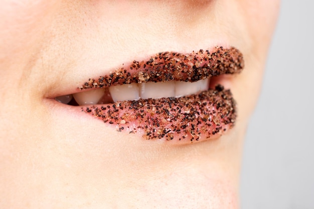 Womens lips with coffee salt scrub