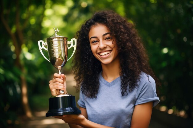 A won trophy, symbolizing academic success, determination, and joyful accomplishment in her educational journey