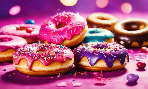 Wonder bright colourful pink purple joy donuts in plain background and bokeh soft light spots