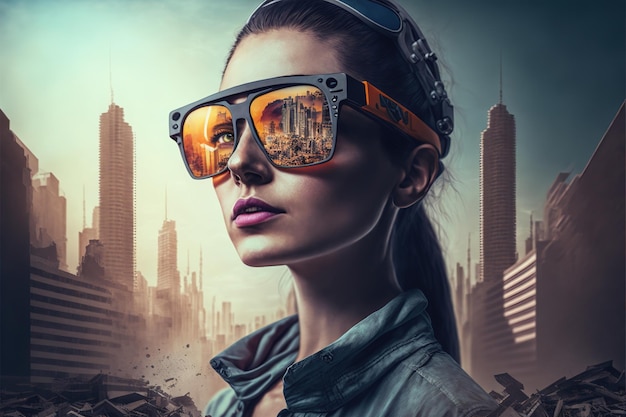Wonderbaarlijk portret van een vrouw die een zonnebril draagt, spiegelreflectie van de stad