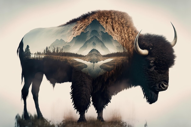 Wonderbaarlijke mannelijke bizons grazen op grasland met dubbele belichting natuurlijke achtergrond