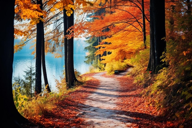 Wonderful autumn landscape beautiful romantic alley near popular alpine lake grundlsee with colorful