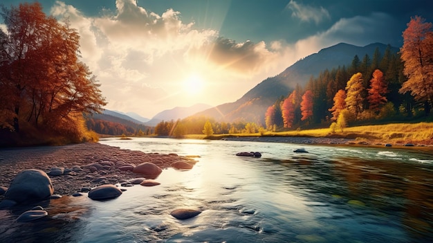 wonderful Autumn mountains landscape with trees and river at sunset