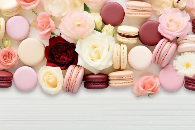 Foto splendido sfondo adornato con colorate torte francesi macaron e rose sfondo festivo