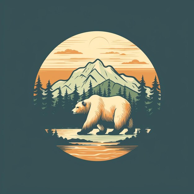 山の夕暮れのデザインの素晴らしいクマのTシャツ