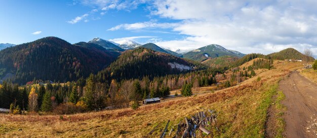 カルパティア山脈ウクライナの山々の森と木々のある牧草地のある素晴らしい美しい風景