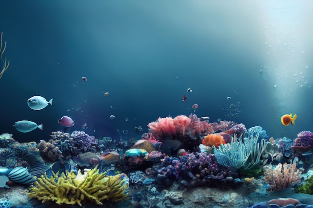 Wonderful and beautiful underwater world with corals and tropical fish 3d render Raster illustration